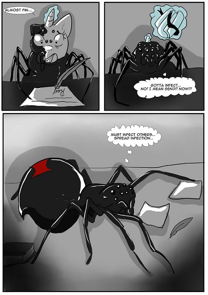 Size: 707x1000 | Tagged: semi-grimdark, artist:jrain9110, artist:kaeaskavi, derpibooru import, rarity, arachnid, black widow, giant spider, pony, spider, unicorn, comic:equestria's infestation plague, body horror, book, comic, desk, dialogue, extra eyes, female, feral, glowing horn, levitation, magic, mare, mental shift, paper, partial color, quill, rarirachnid, scroll, solo, speech bubble, spiderponyrarity, telekinesis, thought bubble, transformation, transformation sequence, transformed, writing