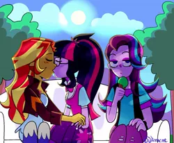 Size: 1700x1401 | Tagged: safe, artist:1racat, derpibooru import, sci-twi, starlight glimmer, sunset shimmer, twilight sparkle, human, equestria girls, blushing, bowtie, clothes, counterparts, eyes closed, female, food, glasses, ice cream, jacket, kissing, leather jacket, lesbian, lidded eyes, looking at you, ponytail, scitwishimmer, shipping, sitting, skirt, sunsetsparkle, third wheel, trio, twilight's counterparts