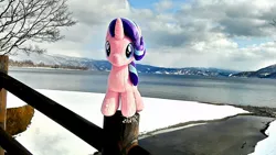 Size: 2048x1152 | Tagged: safe, derpibooru import, photographer:hihin1993, starlight glimmer, pony, unicorn, bridge, hokkaido, irl, japan, photo, plushie, ponies around the world, snow, solo