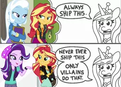 Size: 1609x1152 | Tagged: safe, artist:threetwotwo32232, derpibooru import, edit, edited screencap, screencap, princess cadance, starlight glimmer, sunset shimmer, trixie, alicorn, equestria girls, equestria girls series, forgotten friendship, mirror magic, spoiler:eqg specials, always ship this, beanie, comic, dialogue, exploitable meme, female, glasses, hat, lesbian, meme, mouthpiece, my hero academia, parody, princess of shipping, shimmerglimmer, shipper on deck, shipping, suntrix