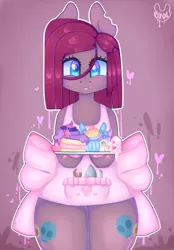 Size: 2345x3365 | Tagged: semi-grimdark, artist:bunxl, derpibooru import, pinkie pie, earth pony, pony, semi-anthro, fanfic:cupcakes, apron, both cutie marks, clothes, cupcake, female, food, implied rainbow dash, implied twilight sparkle, looking at you, mare, pinkamena diane pie, rainbow cupcake, solo, wide hips