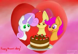Size: 7040x4840 | Tagged: absurd resolution, apple bloom, artist:the-fox-experiment, cake, cute, cutie mark crusaders, derpibooru import, food, safe, scootaloo, simple background, sweetie belle, women's day