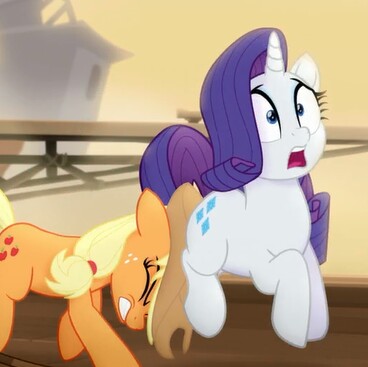 Size: 368x367 | Tagged: applejack, cropped, derpibooru import, my little pony: the movie, out of context, pushing, rarity, rump push, safe, screencap, surprised, wide eyes