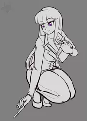 Size: 923x1280 | Tagged: artist:scorpdk, book, breasts, busty twilight sparkle, cleavage, clothes, derpibooru import, female, gray background, human, humanized, long hair, monochrome, pen, simple background, skirt, skirt suit, smiling, solo, solo female, suggestive, suit, twilight sparkle