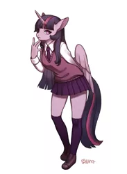 Size: 2200x3000 | Tagged: alicorn, anthro, artist:rd_3024, clothes, cute, derpibooru import, female, looking at you, mare, miniskirt, moe, necktie, plantigrade anthro, pleated skirt, safe, school uniform, shoes, simple background, skirt, socks, solo, sweater vest, thigh highs, thighs, twilight sparkle, twilight sparkle (alicorn), white background