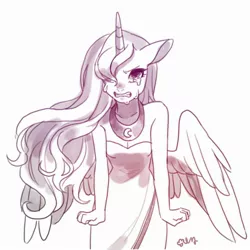 Size: 2000x2000 | Tagged: alicorn, anthro, artist:rd_3024, bare shoulders, breasts, cleavage, clothes, crying, derpibooru import, dress, female, high res, jewelry, looking at you, mare, princess luna, regalia, safe, simple background, solo, white background
