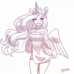 Size: 2000x2000 | Tagged: alicorn, anthro, artist:rd_3024, blushing, boob window, breasts, cleavage, clothes, cute, derpibooru import, female, keyhole turtleneck, moe, one eye closed, open-chest sweater, princess celestia, safe, short skirt, simple background, skirt, skirt lift, solo, sweater, tray, turtleneck, white background