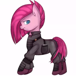 Size: 1000x1000 | Tagged: safe, artist:770nanao15, derpibooru import, pinkie pie, earth pony, pony, alternate timeline, apinkalypse pie, clothes, crystal war timeline, female, looking at you, mare, pinkamena diane pie, rock, simple background, solo, white background