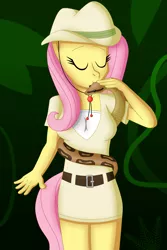 Size: 3495x5243 | Tagged: animal, anthro, artist:sergeant16bit, belt, clothes, cute, derpibooru import, explorer, female, fluttershy, hat, jungle, python, safe, short skirt, skirt, snake, solo