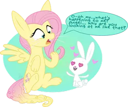 Size: 977x817 | Tagged: safe, artist:blupolicebox, derpibooru import, angel bunny, fluttershy, pegasus, pony, rabbit, angelshy, bucktooth, bunnified, bunnyshy, dialogue, female, fluffy tail, heart, heart eyes, long ears, male, oh my, paws, shipping, simple background, species swap, speech bubble, straight, transformation, transparent background, whiskers, wingding eyes