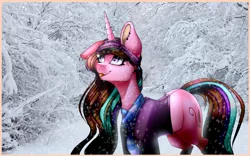 Size: 1733x1083 | Tagged: safe, artist:xxmissteaxx, derpibooru import, oc, oc:twinke paint, pony, unicorn, clothes, female, mare, scarf, snow, solo, tongue out