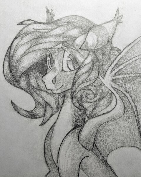 Size: 1726x2160 | Tagged: safe, artist:dodsie, derpibooru import, oc, oc:fire glow, bat pony, pony, bust, female, grayscale, mare, monochrome, simple background, solo, traditional art, white background