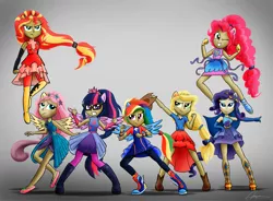 Size: 5816x4274 | Tagged: safe, artist:oinktweetstudios, derpibooru import, applejack, fluttershy, pinkie pie, rainbow dash, rarity, sci-twi, sunset shimmer, twilight sparkle, equestria girls, equestria girls series, forgotten friendship, absurd resolution, clothes, fingerless gloves, glasses, gloves, human coloration, humane five, humane seven, humane six, pants, ponied up, signature