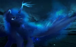 Size: 1280x792 | Tagged: artist:thatonegib, derpibooru import, ethereal mane, flying, looking up, magic, night, night sky, princess luna, safe, sky, smiling, solo, spread wings, unshorn fetlocks, wings