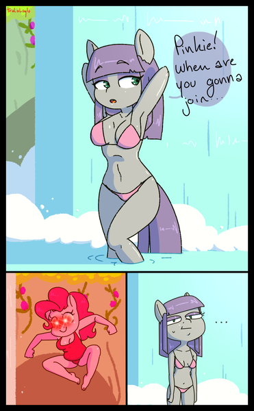 Size: 1050x1700 | Tagged: anthro, arm behind head, armpits, artist:tralalayla, barefoot, bathing, belly button, bikini, breasts, cleavage, clothes, comic, derpibooru import, dialogue, feet, female, glowing eyes, maud pie, one-piece swimsuit, outdoors, pie sisters, pinkie pie, plantigrade anthro, siblings, sisters, speech bubble, suggestive, swimsuit, water, waterfall, wet mane