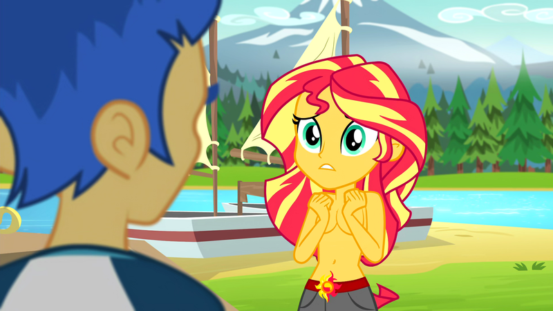 Size: 1920x1080 | Tagged: questionable, derpibooru import, edit, edited screencap, screencap, flash sentry, sunset shimmer, equestria girls, legend of everfree, belly button, belt, boat, breasts, clothes, covered nipples, cute, embarrassed, female, flashimmer, implied flashimmer, implied shipping, implied straight, lake, male, nervous, nude edit, nudity, pants, partial nudity, shimmerbetes, shipping, shorts, straight, topless