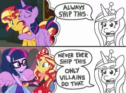 Size: 1374x1017 | Tagged: safe, artist:threetwotwo32232, derpibooru import, edit, screencap, princess cadance, sci-twi, sunset shimmer, twilight sparkle, twilight sparkle (alicorn), alicorn, equestria girls, equestria girls series, forgotten friendship, always ship this, backwards, clothes, comic, dialogue, exploitable, exploitable meme, female, glasses, holding, lesbian, lidded eyes, male, meme, my hero academia, parody, ponied up, ponytail, princess of shipping, scitwilicorn, scitwishimmer, shipper on deck, shipping, skirt, smiling, sunsetsparkle