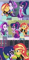 Size: 1800x3642 | Tagged: safe, artist:spottedlions, derpibooru import, sci-twi, starlight glimmer, sunset shimmer, twilight sparkle, equestria girls, mirror magic, spoiler:eqg specials, canterlot high, clothes, comforting, counterparts, courtyard, eyes closed, female, glasses, hat, jacket, jealous, leather jacket, lesbian, magical trio, meme, open mouth, romantic jealousy, scitwishimmer, shipping, shipping war, smug, smuglight glimmer, sunsetsparkle, waifu thief