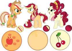 Size: 1087x770 | Tagged: safe, artist:whiterainbowyt, derpibooru import, applejack, cherry jubilee, oc, oc:hazelblossom, earth pony, pony, cherryjack, female, lesbian, magical lesbian spawn, mare, neckerchief, offspring, parent:applejack, parent:cherry jubilee, parents:cherryjack, rainbow power, shipping, simple background, transparent background