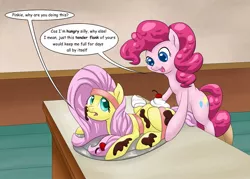 Size: 1915x1368 | Tagged: artist:hunnter, cannibalism, cherry, chocolate, derpibooru import, dialogue, female, fetish, flutterbutt, fluttershy, food, foodplay, imminent vore, pinkie pie, suggestive, whipped cream