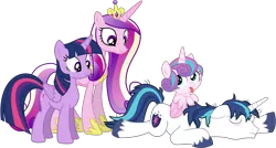 Size: 3999x2143 | Tagged: safe, artist:bluetech, artist:deyrasd, artist:paganmuffin, artist:sakatagintoki117, derpibooru import, edit, editor:slayerbvc, princess cadance, princess flurry heart, shining armor, twilight sparkle, twilight sparkle (alicorn), alicorn, pony, unicorn, baby, baby pony, family, female, filly, foal, looking back, looking down, looking up, male, mare, messy mane, ponies riding ponies, royal family, simple background, sleeping, smiling, stallion, stubble, tired, tongue out, transparent background