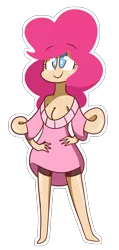 Size: 1738x3639 | Tagged: artist:spoopyro, breasts, busty pinkie pie, clothes, derpibooru import, elastic, female, human, humanized, noodle arms, pinkie pie, putty, putty pie, simple background, solo, suggestive, superhero, sweater, transparent background