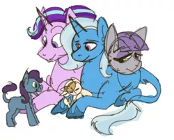 Size: 1614x1297 | Tagged: safe, artist:ducksgonnaduck985, derpibooru import, maud pie, starlight glimmer, trixie, oc, oc:cinnamon, oc:turquoise shard, pony, adopted offspring, baby, baby pony, female, filly, leonine tail, lesbian, magical lesbian spawn, magical threesome spawn, mauxie, next generation, offspring, parent:maud pie, parent:prince blueblood, parent:starlight glimmer, parent:trixie, parent:unnamed oc, parents:canon x oc, parents:starmauxie, polyamory, shipping, simple background, starmaud, starmauxie, startrix, white background
