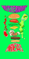 Size: 2000x4000 | Tagged: safe, artist:skeletonburglar, derpibooru import, oc, oc:honey cream, unofficial characters only, goo pony, original species, pony, burger, design, food, hamburger, ketchup, meat, pickles, sauce, scared, simple background, typography