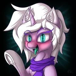 Size: 600x600 | Tagged: safe, artist:calena, derpibooru import, oc, oc:nyuchi, unofficial characters only, unicorn, abstract background, blushing, clothes, cyan eyes, ear fluff, female, green tongue, happy, open mouth, profile, raised hoof, requested art, scarf, simple background, solo, underhoof