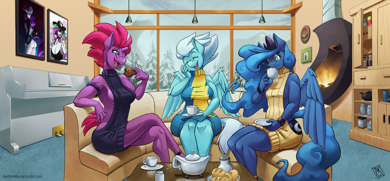 Size: 1280x593 | Tagged: suggestive, artist:zwitterkitsune, derpibooru import, fleetfoot, princess celestia, princess luna, rarity, tempest shadow, alicorn, anthro, my little pony: the movie, ass, backless, bedroom eyes, big breasts, breasts, broken horn, bust, busty princess celestia, butt, chillaxing, cleavage, clothes, coffee, cosplay, costume, couch, crossed legs, crossover, cup, cute, eezo is magic, eye scar, eyes closed, female, females only, fireplace, food, hat, image, indoors, kettle, kiss my ass, laughing, looking at you, looking back, mass effect, miranda lawson, mobile phone, musical instrument, open mouth, open-back sweater, patreon, phone, piano, plate, png, portrait, rearity, scar, sexy, sideboob, signature, sleeveless sweater, smiling, snow, stupid sexy fleetfoot, stupid sexy princess luna, stupid sexy tempest shadow, sunglasses, sweater, teacup, tree, virgin killer sweater, winter