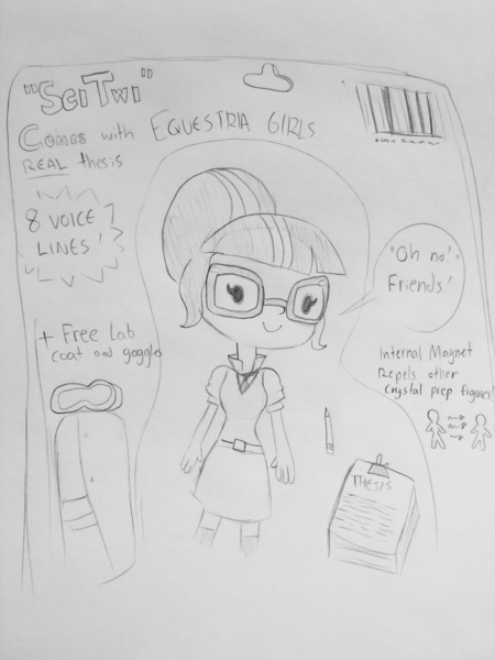 Size: 1440x1920 | Tagged: safe, artist:tjpones, derpibooru import, sci-twi, twilight sparkle, equestria girls, clothes, dialogue, doll, glasses, goggles, grayscale, lab coat, lineart, magnet, monochrome, pencil, pencil drawing, simple background, solo, speech bubble, text, thesis, toy, traditional art