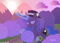 Size: 4823x3445 | Tagged: safe, artist:darkest-lunar-flower, derpibooru import, princess luna, alicorn, moth, pony, blushing, eyes closed, hat, lavender, luna moth, sun hat, sunset, that pony sure does love lavender, wings