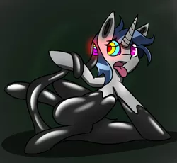 Size: 1280x1178 | Tagged: suggestive, artist:askhypnoswirl, derpibooru import, oc, oc:frost bright, unofficial characters only, pony, unicorn, bondage, dark background, encasement, horn, hypnosis, living latex, male, malesub, open mouth, submissive, swirly eyes, tongue out, unicorn oc