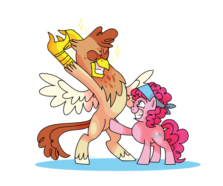 Size: 1024x853 | Tagged: arm behind head, artist:hateful-minds, bipedal, classical hippogriff, derpibooru import, female, grin, hippogriff, hybrid, interspecies offspring, male, mother and son, oc, offspring, parent:pinkie pie, pinkie pie, pose, safe, simple background, smiling, sparkles, spread wings, white background, wings