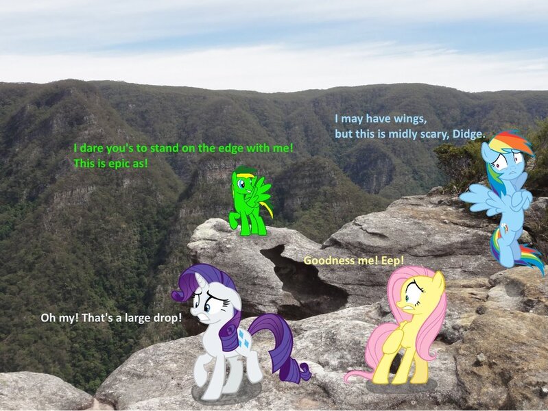 Size: 1024x769 | Tagged: artist:didgereethebrony, cliff, derpibooru import, dialogue, fluttershy, irl, kanangra boyd national park, kanangra walls, mlp in australia, oc, oc:didgeree, photo, ponies in real life, rainbow dash, rarity, safe