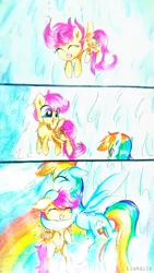 Size: 1836x3264 | Tagged: safe, artist:liaaqila, derpibooru import, rainbow dash, scootaloo, pegasus, pony, comic, crying, cute, cutealoo, dashabetes, female, filly, flying, hug, mare, scootaloo can fly, scootalove, tears of joy, traditional art, waterfall