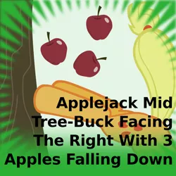 Size: 1024x1024 | Tagged: safe, artist:adog0718, artist:liggliluff, artist:scrimpeh, artist:walrusinc, derpibooru import, edit, applejack, pony, derpibooru, apple, apple tree, applebucking, applejack mid tree-buck facing the right with 3 apples falling down, applejack mid tree-buck with 3 apples falling down, extremely specific spoiler tag, falling, food, meta, official spoiler image, solo, spoilered image joke, tree