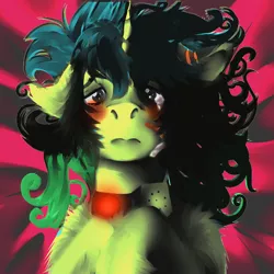 Size: 1024x1024 | Tagged: safe, artist:brainiac, derpibooru import, oc, oc:piper, pony, unicorn, abstract background, bed, blushing, bomb, bomb collar, chest fluff, collar, dramatic lighting, ear fluff, female, floppy ears, frown, mare, pet play, raider, scar, shoulder fluff, slave, solo, tears of fear, teary eyes, weapon