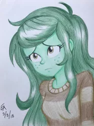 Size: 718x960 | Tagged: safe, artist:mayorlight, derpibooru import, wallflower blush, equestria girls, equestria girls series, forgotten friendship, ahoge, colored pencil drawing, cute, female, flowerbetes, freckles, sad, signature, simple background, solo, traditional art, white background