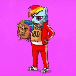 Size: 3000x3000 | Tagged: 6ix9ine, adidas, artist:alexmdc, body hair, clothes, costume, derpibooru import, disguise, fat, frown, gold chains, jacket, mask, masking, needs more saturation, open mouth, pants, popped collar, purple background, rainbow dash, rainbow hair, safe, shoes, simple background, solo, tattoo, tracksuit