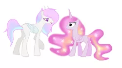 Size: 1483x833 | Tagged: safe, artist:pinkgalaxy56, derpibooru import, oc, oc:pink galaxy, oc:sunshine, unofficial characters only, alicorn, hybrid, pony, female, interspecies offspring, mare, offspring, parent:discord, parent:princess celestia, parents:dislestia, simple background, white background