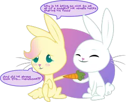 Size: 1786x1449 | Tagged: safe, artist:blupolicebox, derpibooru import, angel bunny, fluttershy, rabbit, angelbetes, angelshy, blushing, bunnified, bunnyshy, carrot, cute, dialogue, eyes closed, female, food, male, present, sharing, shipping, shyabetes, simple background, smiling, species swap, speech bubble, straight, transformation, transformed