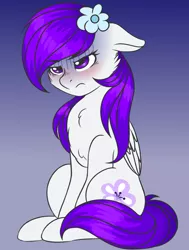 Size: 1631x2160 | Tagged: safe, artist:romablueberry, derpibooru import, oc, oc:diana love heart, unofficial characters only, pegasus, pony, blushing, cheek fluff, chest fluff, female, floppy ears, flower, flower in hair, frown, gradient background, mare, sitting, solo