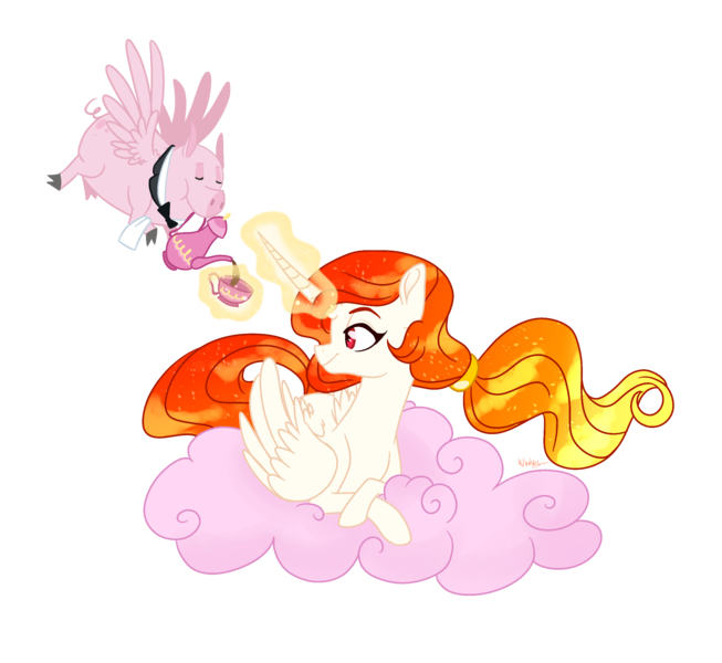 Size: 2368x2176 | Tagged: safe, artist:whalepornoz, derpibooru import, oc, oc:soleria star, unofficial characters only, alicorn, flying pig, hybrid, pig, pony, art trade, bowtie, clothes, cloud, cotton candy, cotton candy cloud, cup, female, food, interspecies offspring, lying on a cloud, magic, magic aura, mare, offspring, parent:discord, parent:princess celestia, parents:dislestia, simple background, teacup, teapot, telekinesis, transparent background