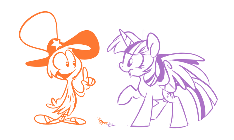 Size: 825x495 | Tagged: alicorn, artist:kaleidoskopic, crossover, derpibooru import, duo, female, hat, limited palette, male, mare, raised hoof, safe, simple background, smiling, twilight sparkle, twilight sparkle (alicorn), wander over yonder, wander (wander over yonder), white background