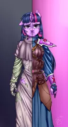 Size: 482x900 | Tagged: angry, anthro, artist:pia-sama, clothes, combat armor, commission, derpibooru import, dress, female, mage, sad, safe, solo, split screen, torn clothes, twilight sparkle, two sides