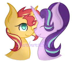 Size: 1149x974 | Tagged: safe, artist:starburst987, derpibooru import, starlight glimmer, sunset shimmer, pony, unicorn, bust, cute, eyes closed, female, glimmerbetes, lesbian, mare, shimmerbetes, shimmerglimmer, shipping, simple background, smiling, transparent background, watermark