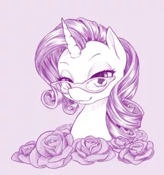 Size: 800x853 | Tagged: safe, artist:dstears, derpibooru import, rarity, pony, unicorn, bust, cute, female, flower, glasses, glasses rarity, mare, monochrome, portrait, purple, purple background, raribetes, rose, simple background, smiling, solo, white background