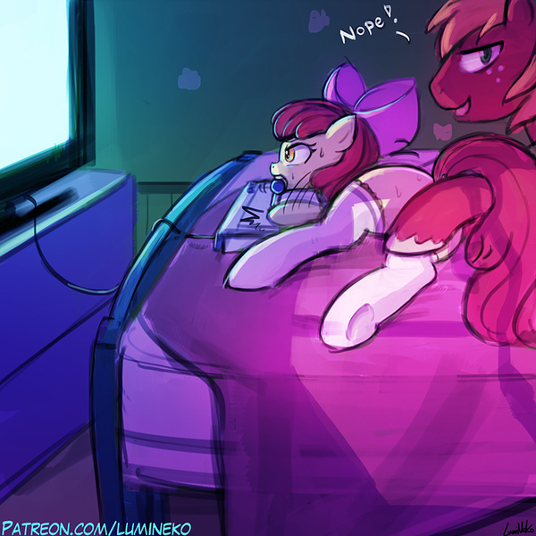Size: 750x750 | Tagged: questionable, artist:lumineko, derpibooru import, apple bloom, big macintosh, earth pony, pony, applecest, bed, bow, censored, clothes, controller, female, filly, foalcon, hair bow, joystick, looking at you, macbloom, male, plot, shipping, smiling, stallion, stockings, straight, sweat, thigh highs, video game