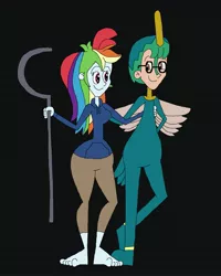 Size: 2089x2609 | Tagged: safe, artist:hunterxcolleen, derpibooru import, rainbow dash, oc, oc:stewart gary, human, equestria girls, barefoot, black background, clothes, cosplay, costume, feet, hair dye, humanized, jack frost, pairings, rise of the guardians, simple background, staff, tooth fairy